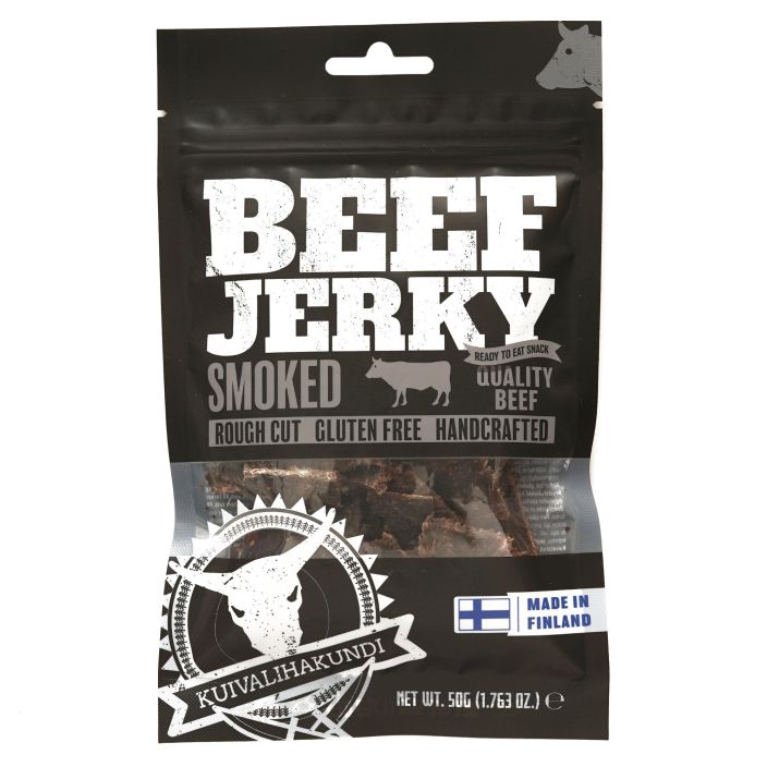 Kuivalihakundi Beef Jerky Savu naudanpaisti, gluteeniton soijakastike (vesi, soijaproteiinihydrolysaatti, suola),