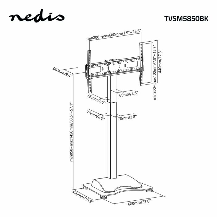 Nedis Moottoroitu TV-teline 37-75 &quot; Alumiini / Teras Musta Nedis©-merkin moottoroidun, korkeussaadettavan lattiatelineen