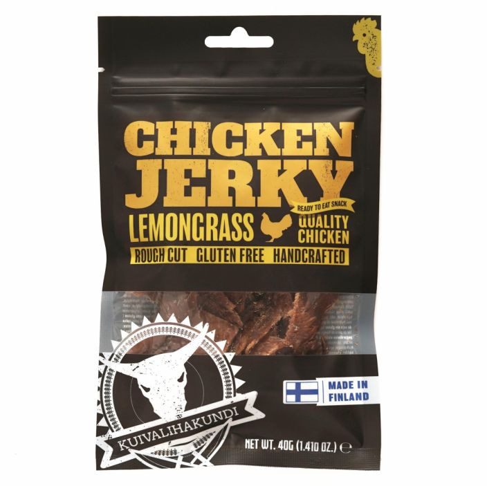 Kuivalihakundi Chicken Jerky Lemongrass kanafilee, gluteeniton soijakastike (vesi, soijaproteiinihydrolysaatti, suola),