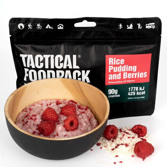 Tactical Foodpack Riisipuuro vadelmilla 90g retkiateria Herkullinen aamiainen, johon on lisatty 10% murskattuja vadelmia.