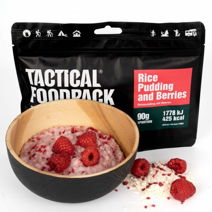 Tactical Foodpack Riisipuuro vadelmilla 90g retkiateria Herkullinen aamiainen, johon on lisatty 10% murskattuja vadelmia.