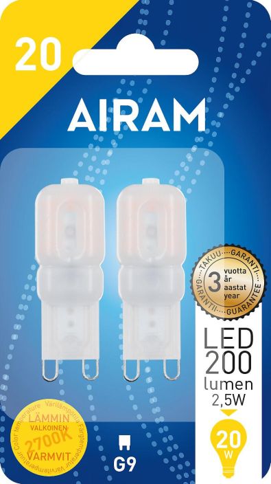 Airam LED-G9 200lm/2700K 2-Pack -Energialuokka: A++ -Varilampotila: 2700K -2kpl -Kanta: G9 -Teho: 2,5W, 200LM -Takuu 36kk