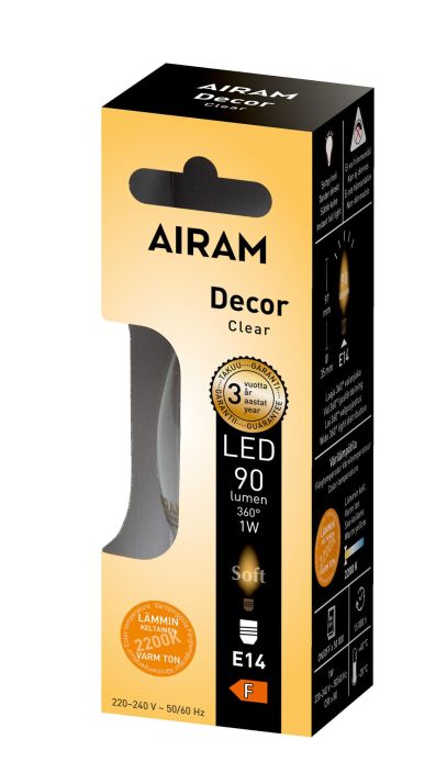 Airam Led-Decor clear E14 90lm -Varilampotila: 2200K -Kanta: E17 -Teho: 1W, 90LM -Energialuokka: A+ -Takuu 36k