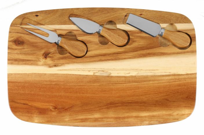 Maku Juustolauta &amp; juustovalineet 4-osaa Valineet 12 x 2 cm. Akaasiapuinen lauta johon integroituna veitsi pehmeille ja
