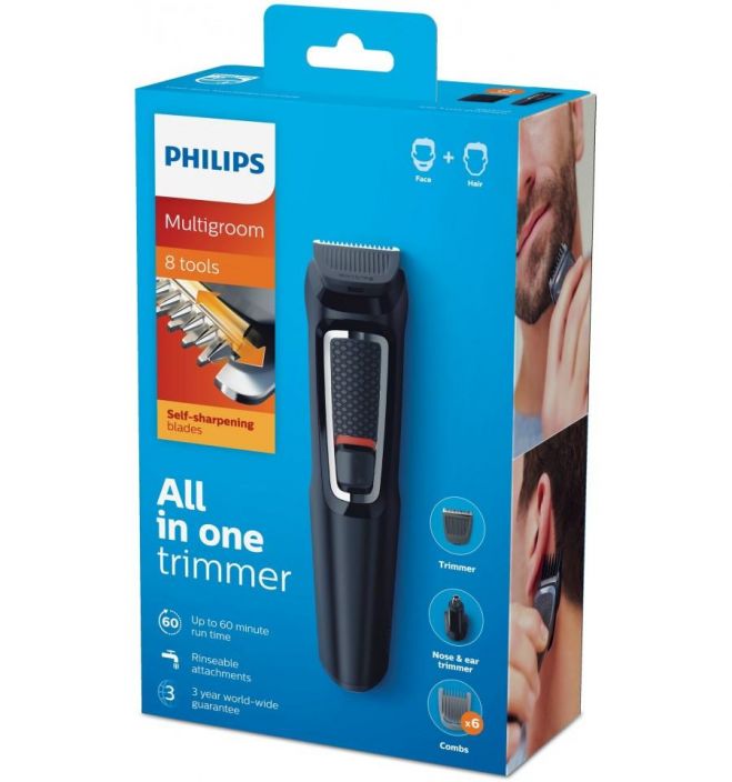 Philips all-in-one-trimmeri Series 3000 8-in-1 trimmeri -Multitrimmeri stailaa seka kasvot etta hiukset. -Helppokayttoinen –