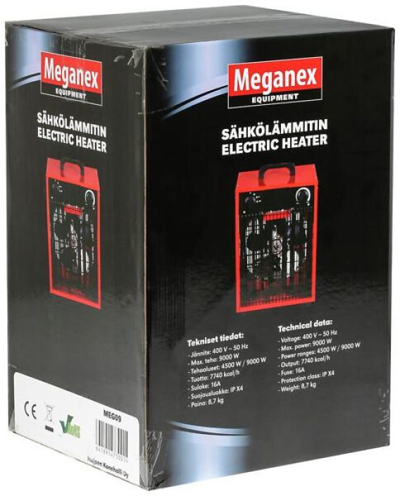 MEGANEX SAHKOLAMMITIN 9,0KW - jannite 400 V - max. teho 9000 W - tehoalueet 4500 W / 9000 W - tuotto 7740 kcal/h - vaatii