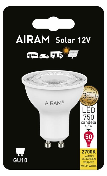 Airam LED-GU10 lamppu 2700K 380lm 12V Energialuokka: A++ -Varilampotila: 2700K -12V- AC -Kanta: GU10 -Teho: 4,6W, 380LM