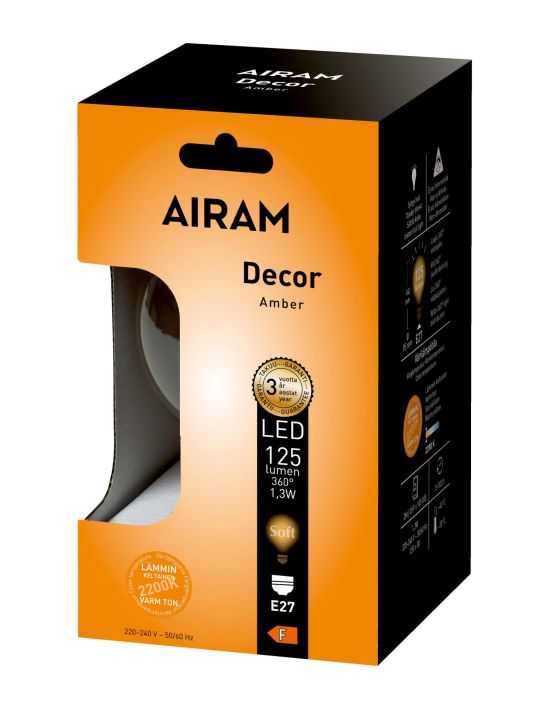 Airam Led-Decor amber E27 125lm G95 -Varilampotila: 2200K -Kanta: E27 -Teho: 1,3W, 125LM -Energialuokka: A+ -Takuu 36k