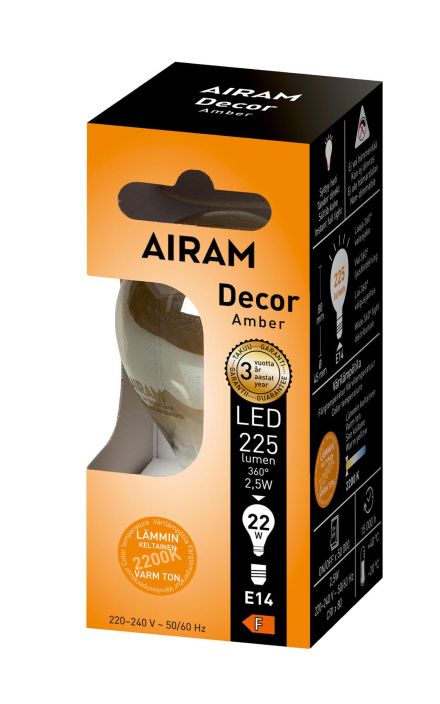 Airam Led-Decor amber E14 220lm -Varilampotila: 2200K -Himmennettava DIM -Kanta: E14 -Teho: 2W, 220LM -Energialuokka: A+