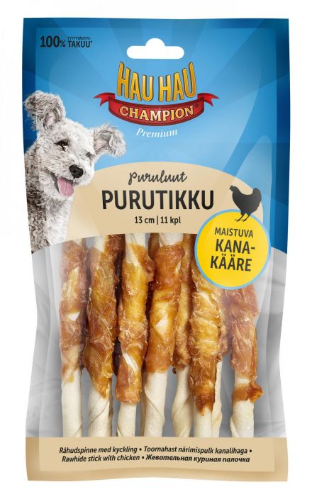 Hau-Hau Champion Kanapurutikku 13cm 11kpl 100g Hau-Hau Champion kanapurutikku on naudannahkainen puruluu, joka on