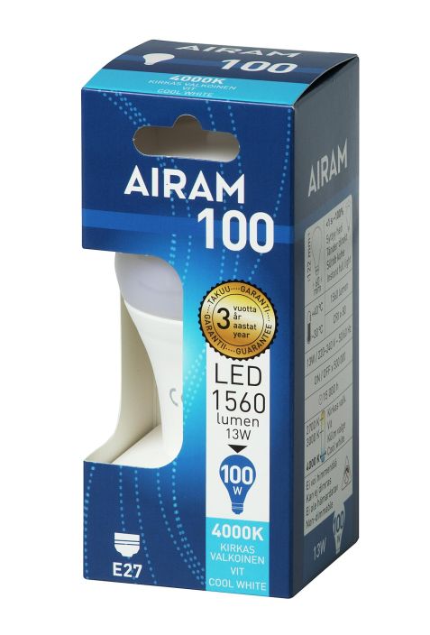 Airam LED E27 1560lm/4000k -Energialuokka: A+ -Varilampotila: 4000K -Kanta: E27 -Teho: 13W, 1560LM -Takuu 36kk