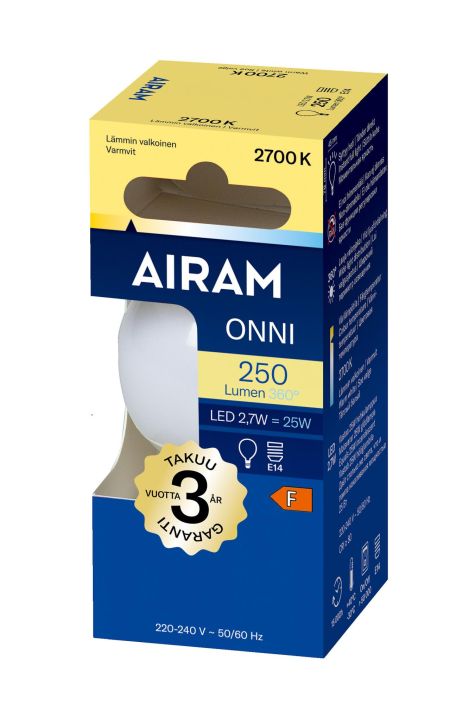 Airam LED E14 250lm/2700K Maitolasi -Energialuokka: A+ -Varilampotila: 2700K -Kanta: E14 -Teho: 3,5W, 250LM -Takuu 36kk