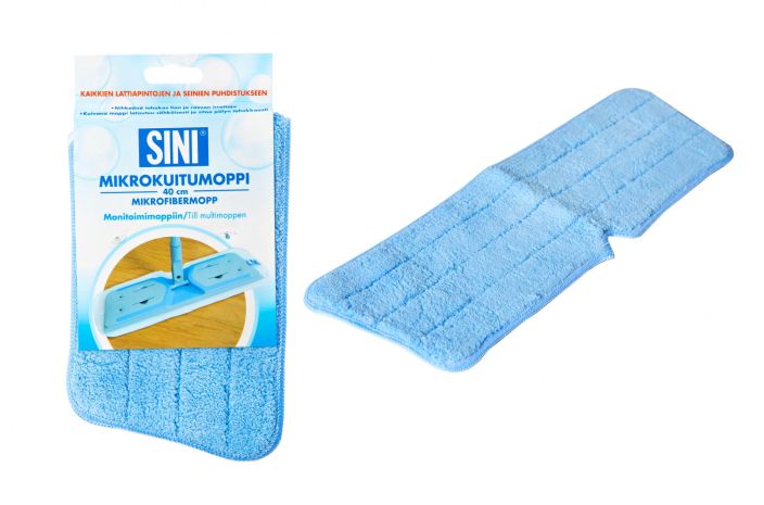 Sini mikrokuitumoppi 40cm Mikrokuitumoppi on tehokas valine kaikkien lattiapintojen ja seinien puhdistukseen. Kaytettavissa