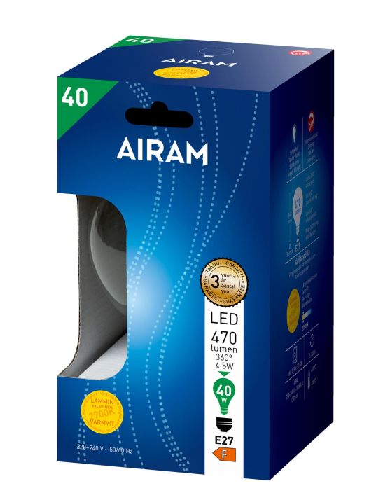 Airam Led E27 470lm/2700k Dim G95 -Varilampotila: 2700K -Himmennettava DIM -Kanta: E27 -Teho: 4W, 470LM -Mitat: Ø 95/140