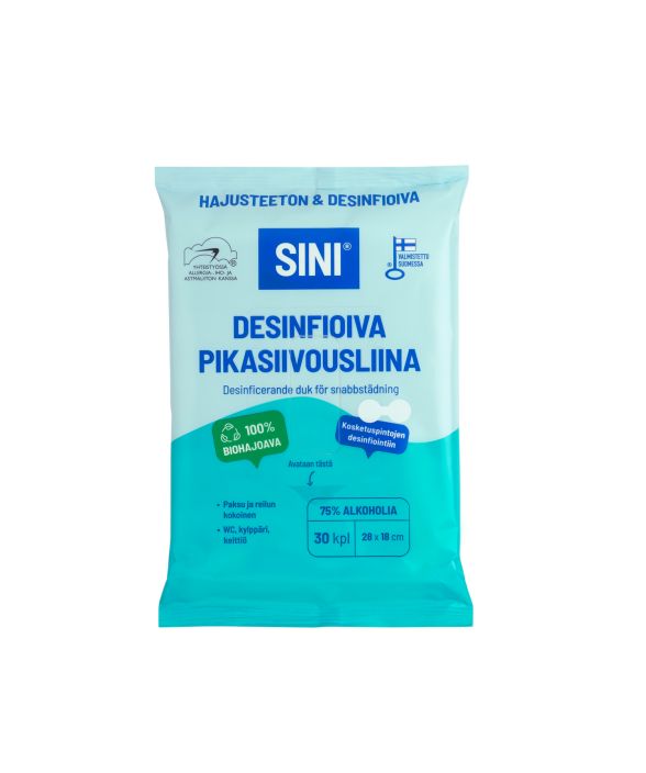 Sini Desinfioiva Pikasiivousliina 30kpl Pikasiivousliina sopii WC:n, kylpyhuoneen ja keittion pinnoille.. Ei huokoisille