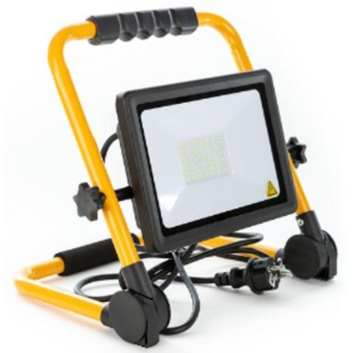 Led tyovalaisin 50W Taittuvalla jalustalla. SLIM -line valonheitin. SMD -led, teho 3750 Lumen. 1,5m kaapeli + VDE pistoke.