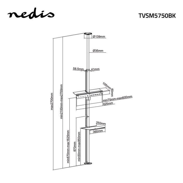 Nedis Taysin saadettava TV-Jalusta 37-70 &quot;Alumiini / Teras Hopea / Musta Tama ensiluokkainen lattiasta kattoon yltava