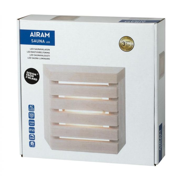 Airam LED-Saunavalaisin 2700K 500lm -Energialuokka: A -Varilampotila: 2700K -Teho: 8W, 500LM -Lampputyyppi: LED kiintea