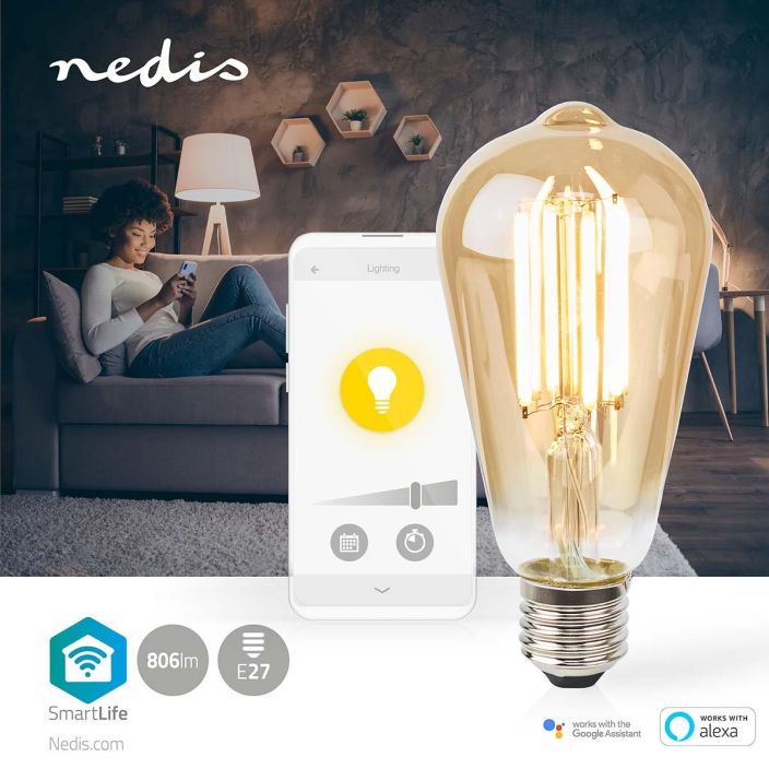 Nedis SmartLife LED Filamenttilamppu | Wi-Fi | E27 | 806 lm | 7 W | Lammin Valkoinen | 1800 - 3000 K | Lasi | Android™ / IOS