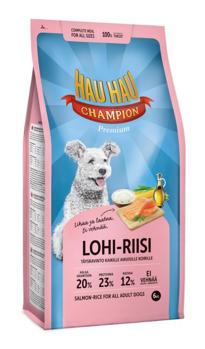 Hau-Hau Champion Lohi-Riisi taysravinto kaikille koirille 6 kg Hau-Hau Champion Lohi-riisi taysravinto sisaltaa vahintaan 20
