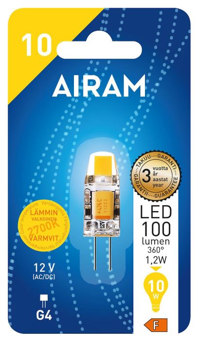 Airam LED-G4 100lm/2700K 12v -Energialuokka: A++ -Varilampotila: 2700K -12V- AC -Kanta: G4 -Teho: 1,2W, 100LM -Takuu 36kk