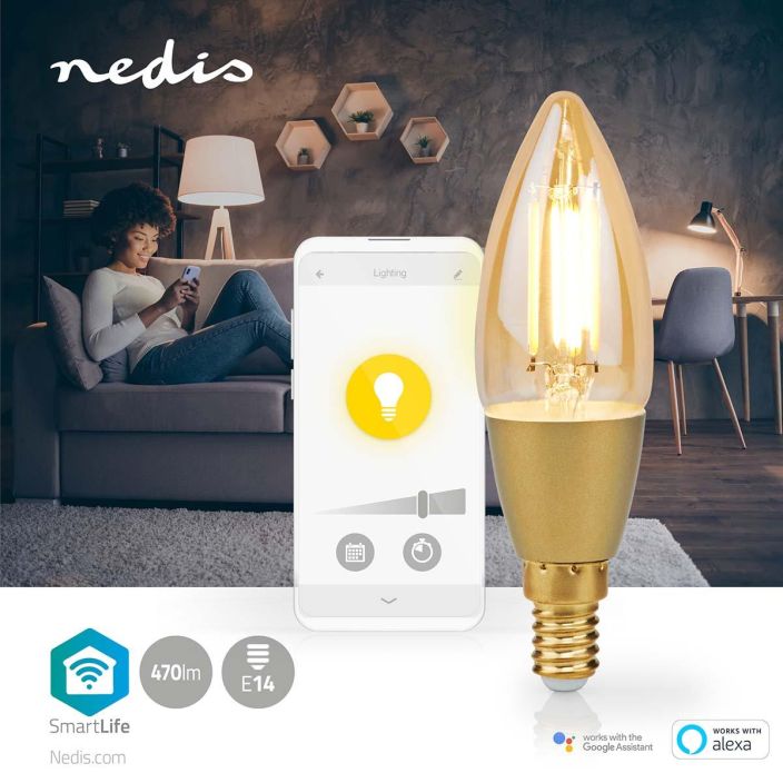 Nedis SmartLife LED Filamenttilamppu | Wi-Fi | E14 | 470 lm | 4.9 W | Lammin Valkoinen | 1800 - 3000 K | Lasi | Android™ /