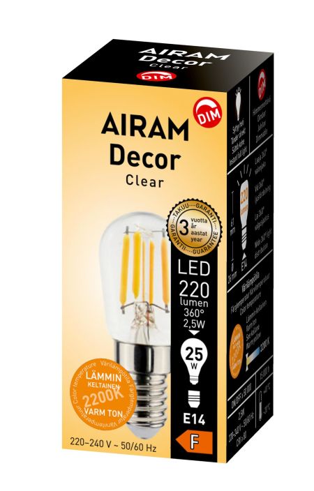 Airam Led-Decor E14 220lm Dim -Varilampotila: 2200K -Himmennettava DIM -Kanta: E14 -Teho: 3W, 220LM -Mitat: Ø 26/61