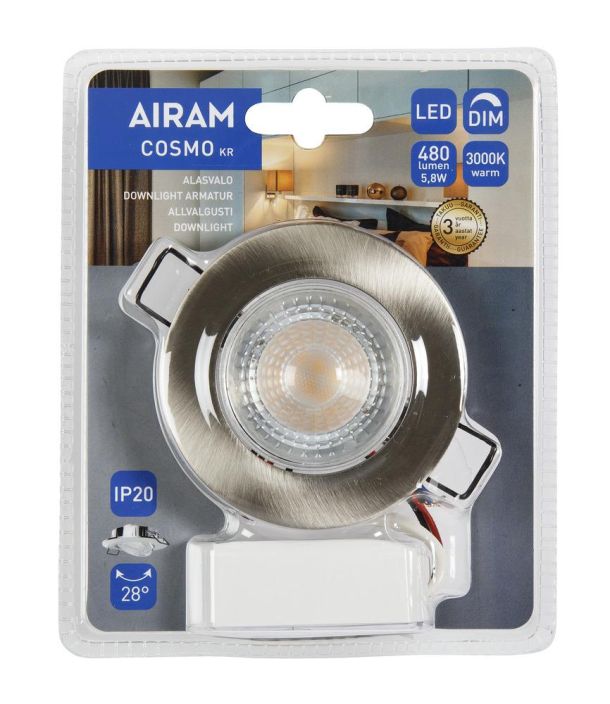 Airam Cosmo Dim LED-Alasvalo 3000K 480lm -Avauskulma 36° -Varilampotila: 3000K -Teho: 5,8W, 480LM -Lampputyyppi: LED kiintea