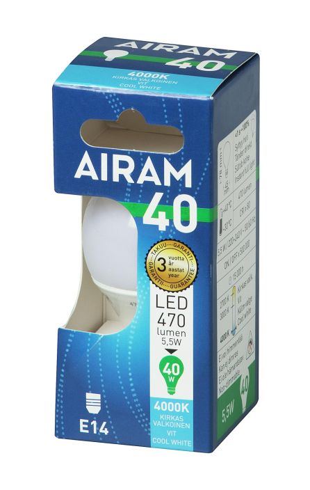 Airam LED-mainoslamppu E14 4000K 470ml -Energialuokka: A+ -Varilampotila: 4000K -Kanta: E14 -Teho: 5,5W, 470LM -Takuu 36kk
