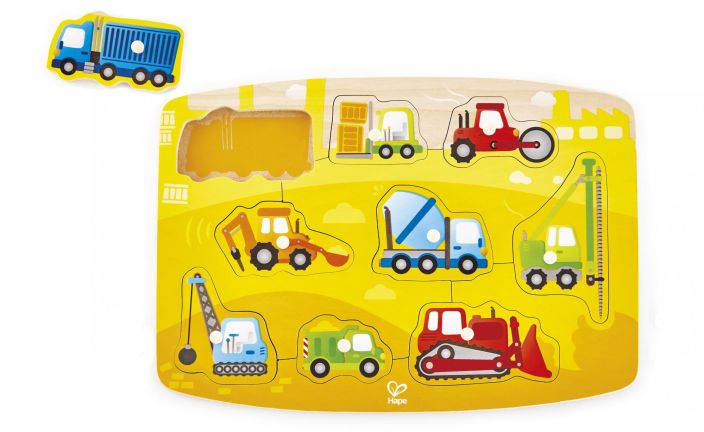 Hape Tyokoneet nuppipalapeli Puinen palapeli, jossa palojen alla on apuna siluettikuva.