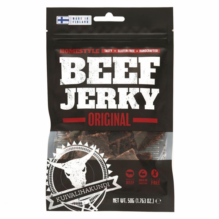 Kuivalihakundi Beef Jerky Original naudanpaisti, gluteeniton soijakastike ( vesi, soijaproteiinihydrolysaatti, suola),