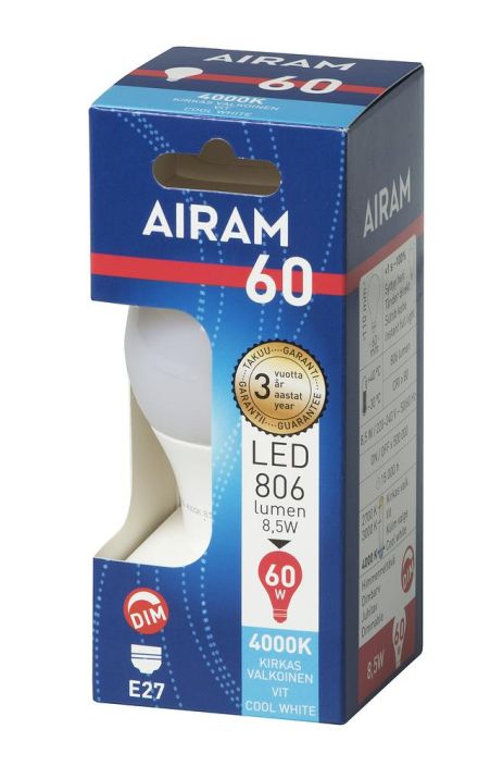 Airam Dim LED-classic lamppu E27 4000K 806lm -Energialuokka: A+ -Varilampotila: 4000K -Himmennettava -Kanta: E27 -Teho: