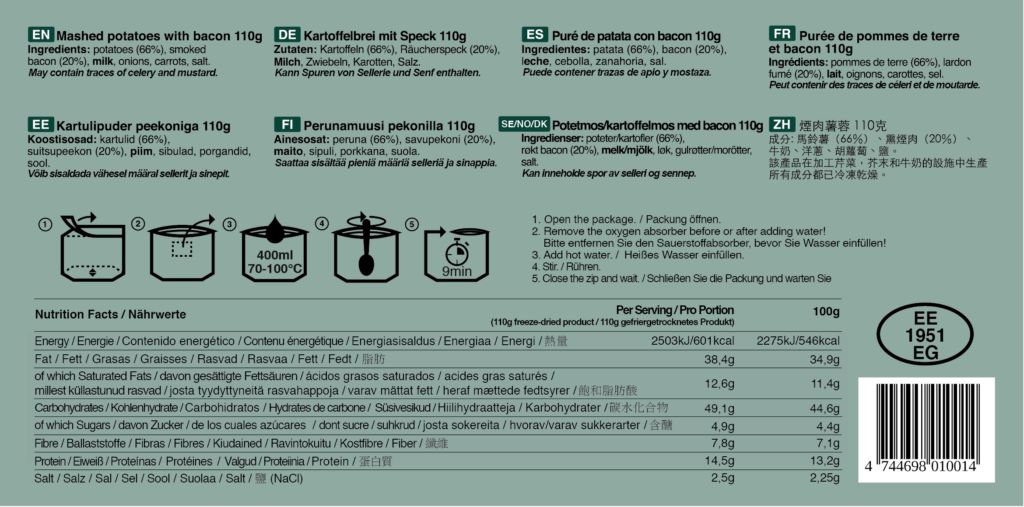 Tactical Foodpack Perunamuusi pekonilla 110g retkiateria Tutunmakuinen perunasose oikeista perunoista ja maidosta seka rapea