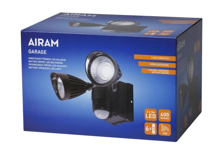 Airam Garage pir-valaisin Runko: Muovia Valonlahde: 2 x 3 W COB LED Valoteho: 400LM Paristot: 6xAA (ei sisally)