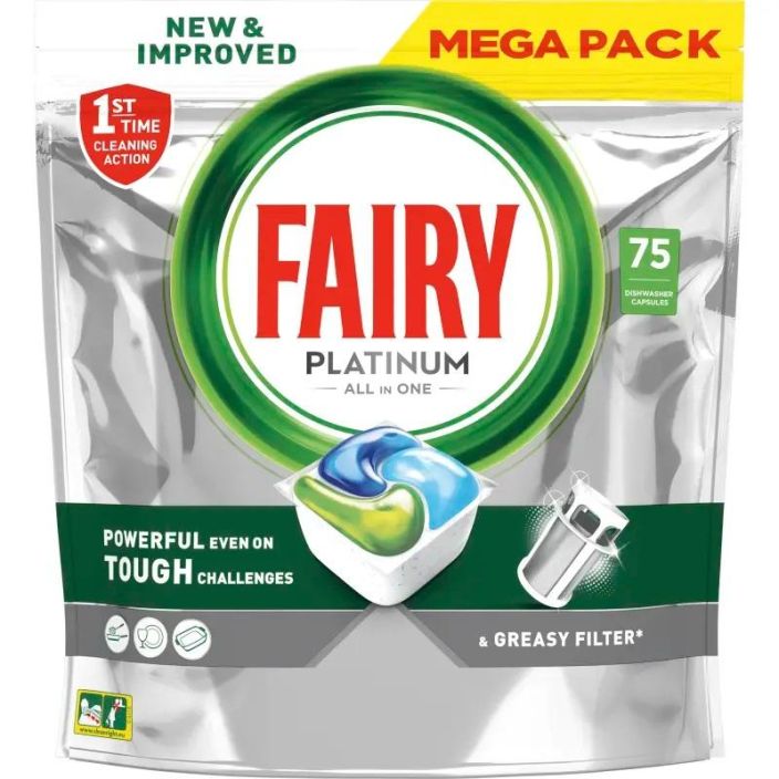 Fairy Platinum 75kpl Fairy Platinum konetiskitabletit antavat platinan saihkyvaa puhtautta! Pakkauskoko 75kpl.