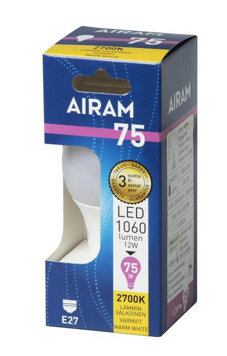 Airam LED-classic lamppu E27 2700K 1060lm -Energialuokka: A+ -Varilampotila: 2700K -Kanta: E27 -Teho: 12W, 1060LM -Takuu