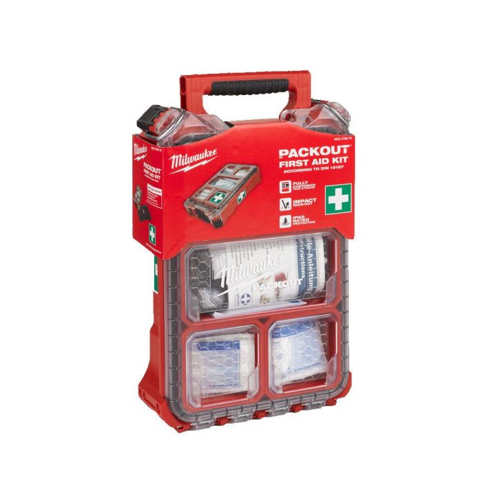 ENSIAPUPAKKAUS DIN 13157 PACKOUT™ MILWAUKEE Helppo tunnistaa hatatilanteessa punaisen varin ja PACKOUT™-lokerikon muotoilun