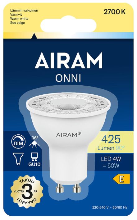 Airam Dim LED-GU10 lamppu 2700K 425lm -Energialuokka: A+ -Varilampotila: 2700K -Himmennettava -Kanta: GU10 -Teho: 6,5W,