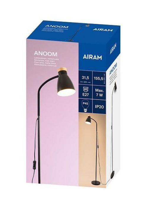 Airam Anoom Lattiaval. Musta/Puu Jalkavalaisin puisilla yksityiskohdilla. Kuvun halkaisija 12 cm, valaisimen korkeus 155 cm. Airam Anoom Lattiaval. Musta/Puu Jalkavalaisin puisilla yksityiskohdilla. Kuvun halkaisija 12 cm, valaisimen korkeus 155 cm.
