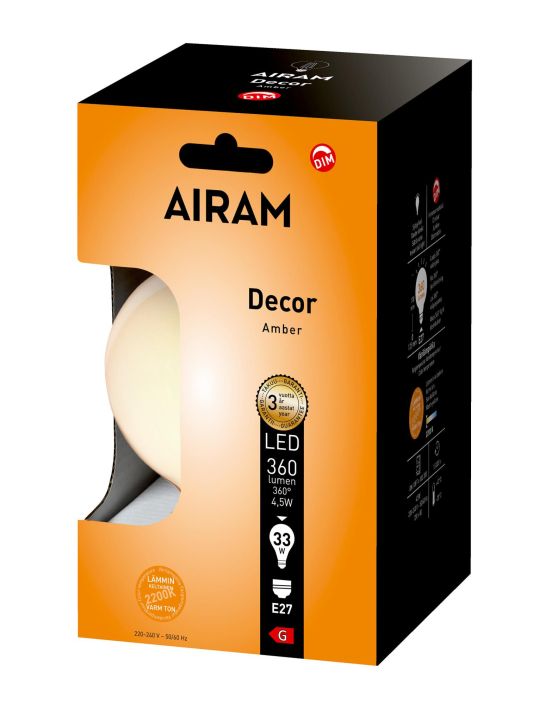 Airam Dim LED-Decor lamppu E27 2200K 380lm -Energialuokka: A+ -Varilampotila: 2200K -Himmennettava -Kanta: E27/G125 -Teho: