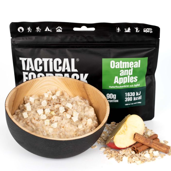 Tactical Foodpack Omenapuuro ​90g retkiateria Mukava aamupala, jolle antavat mehukkuutta ja tuoreutta kylmakuivatut omenat.