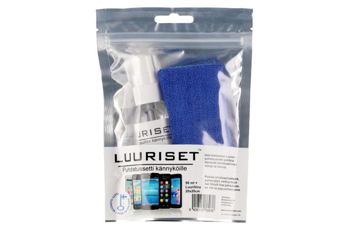 Luuriset- desinfiointisetti kannykoille Setti sisaltaa 20 x 20 cm liinan seka erityisesti puhelimille suunnitellun 50 ml