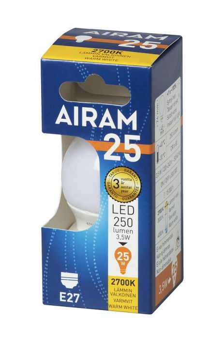 Airam LED-koristelamppu E27 2700K 250lm -Energialuokka: A+ -Varilampotila: 2700K -Kanta: E27 -Teho: 3,5W, 250LM -Takuu 36kk