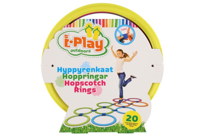 Play Ruutuhyppyrenkaat 20 osaa 10 kpl varikkaita ruutuhyppelyrenkaita ja 10 kiinniketta. Helppo koota. Mukava ulkoleikki