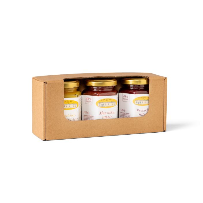 Lahjalaatikko mansikkahillo 125g appelsiinimarmel.125g puolukkahillo 125g Lahjalaatikko mansikkahillo 125g appelsiinimarmel.125g puolukkahillo 125g