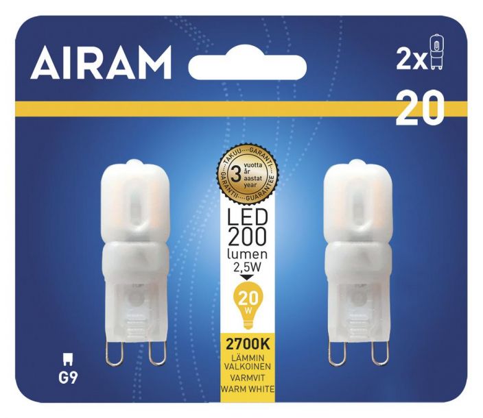 Airam LED-G9 lamppu 2700K 200lm -Energialuokka: A++ -Varilampotila: 2700K -2kpl -Kanta: G9 -Teho: 2,5W, 200LM -Takuu 36kk