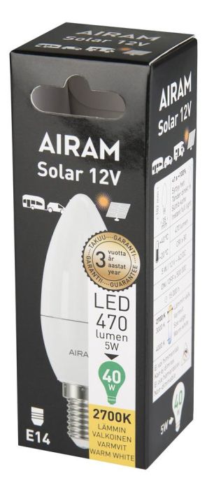 Airam Led-Solar 12v E14 470lm -Varilampotila: 2700K -Kanta: E14 -Teho: 5W, 470LM -Energialuokka: A+ -Takuu 36k