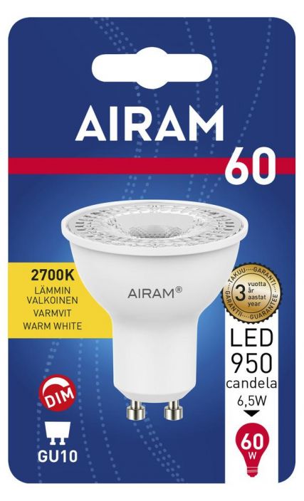 Airam Dim LED-GU10 lamppu 2700K 950cd -Energialuokka: A+ -Varilampotila: 2700K -Himmennettava -Kanta: GU10 -Teho: 6,5W,