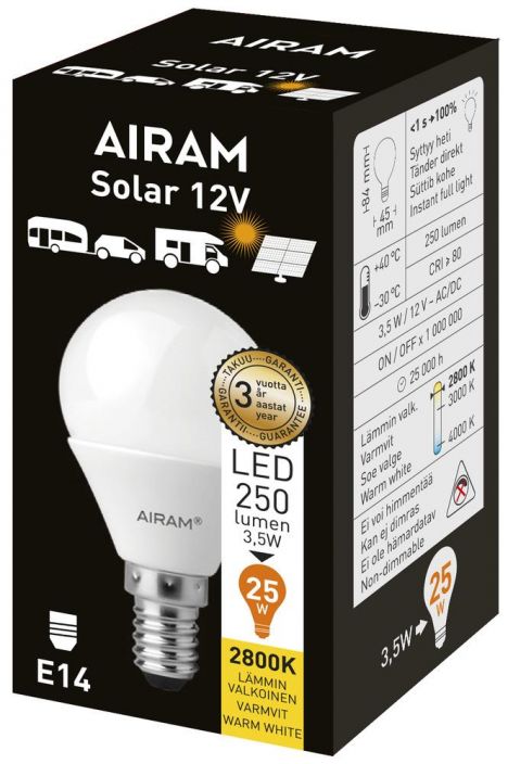 Airam LED-12V(AC/DC) E14 2800K 250lm -Energialuokka: A+ -Varilampotila: 2800K -12V (AC/DC) -Kanta: E14 -Teho: 3,5W, 250LM