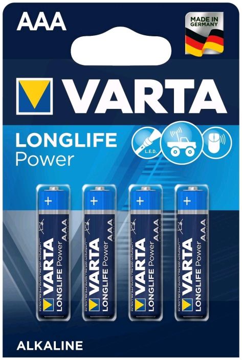 Varta alkaline AAA 4kpl -Tehokas paristo paljon energiaa vaativiin laitteisiin kuten lelut, langattomat hiiret, taskulamput